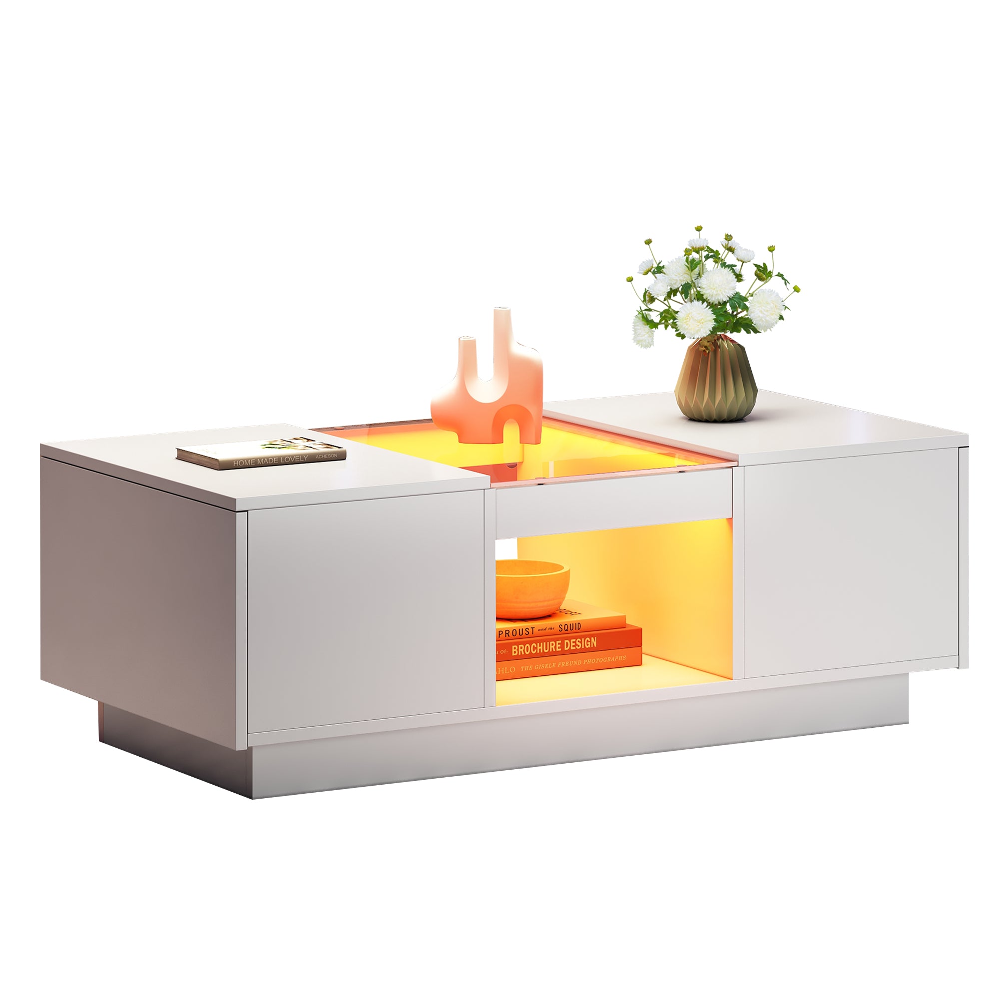 Modern LED Coffee Table with Storage, 2 Drawers & 2 Shelves – White Living Room Table