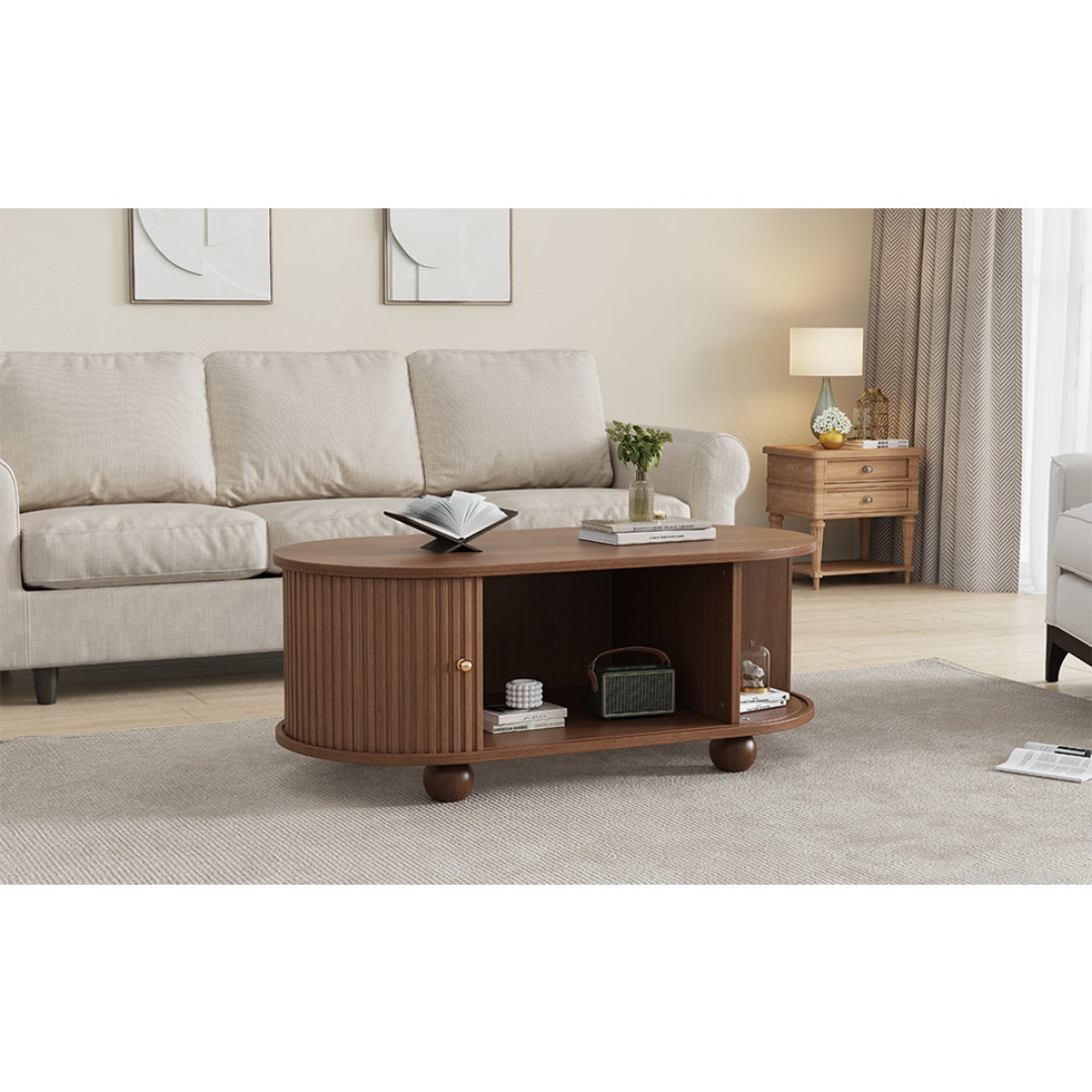 Oval Coffee Table With 2 Sliding Doors