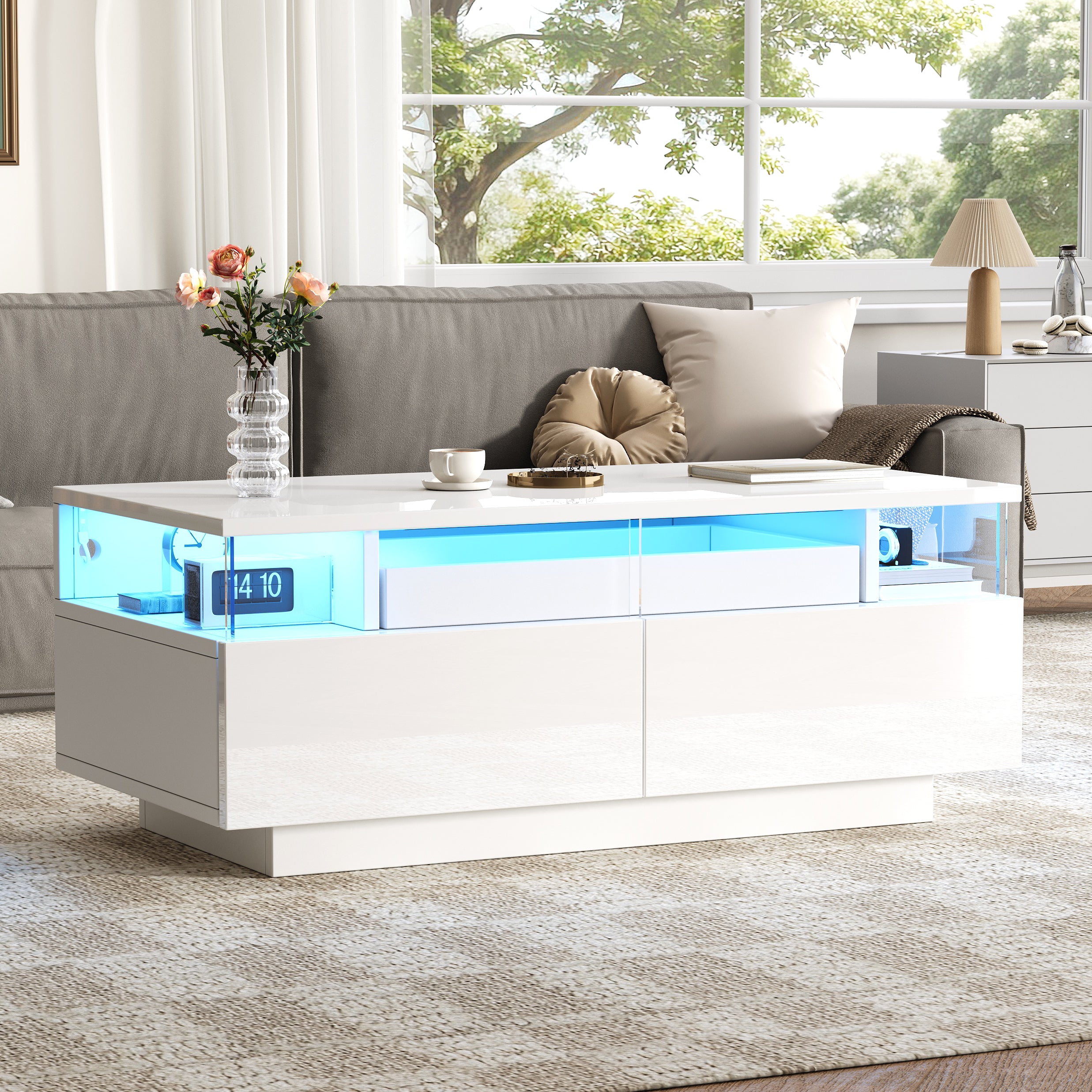 High Gloss LED Coffee Table with 2 Drawers & Pull-Out Tray – White Living Room Table 90cm